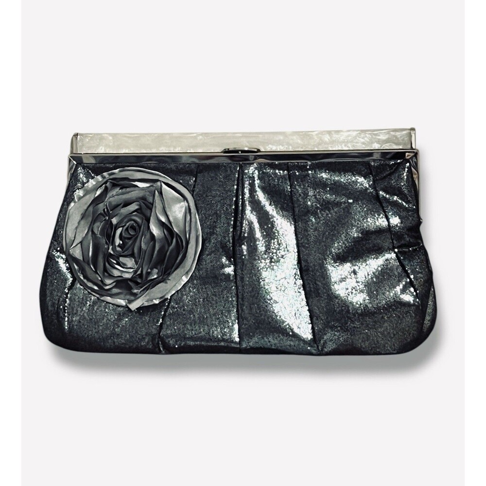 Poppie Jones Gunmetal Grey Shimmer Clutch White Pearl Lucite Chrome Trim 13”